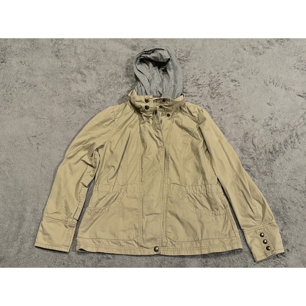 DKNY Jeans Hooded Jacket Womens Large Khaki Beige Casual Coat Zipper